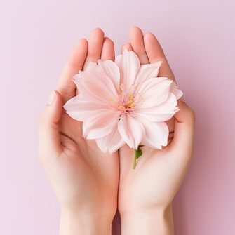 Twee handen houden een grote, roze bloem tegen een paarse achtergrond.