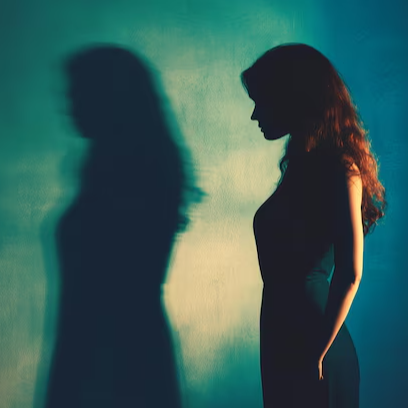 Silhouet van een vrouw met een schaduw op een kleurrijke achtergrond.