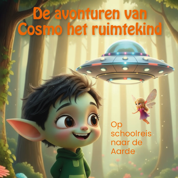 Cosmo, een ruimtekind, kijkt naar een ruimteschip en een elf in een bos.